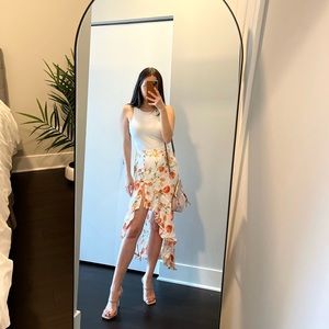 FOREVER 21 Floral Ruched Asymmetrical Hem Midi Skirt